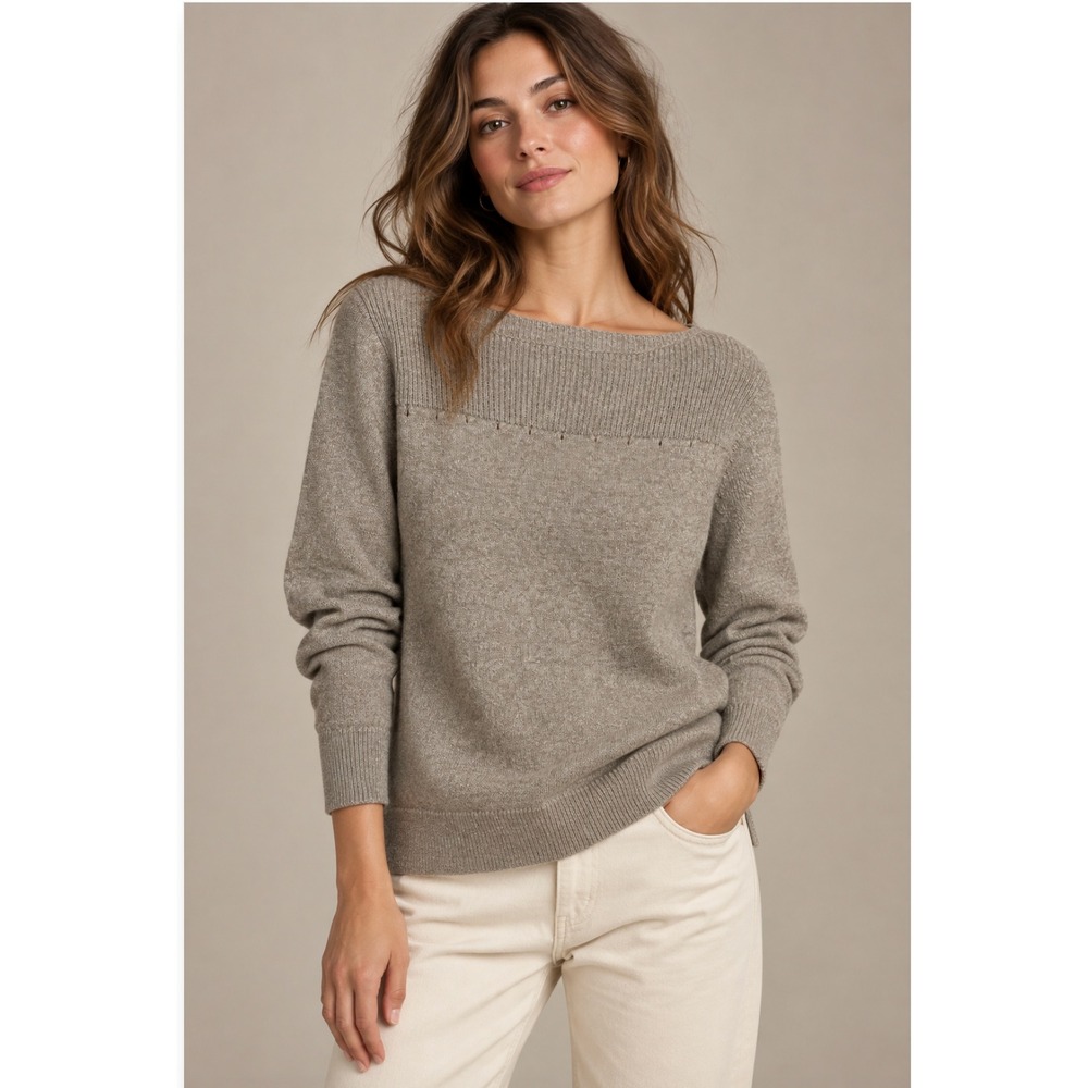 New LOFT Sweater S Oatmeal Cotton Ribbed Boat Neck Pointelle Minimalist Neutral